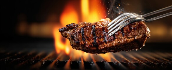 The steak sizzles on the grill with flames and a fork turning it