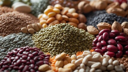 Fototapeta premium Nutrient-Rich Medley: Vibrant Piles of Legumes, Grains, and Nuts for Wholesome Plant-Based Cuisine