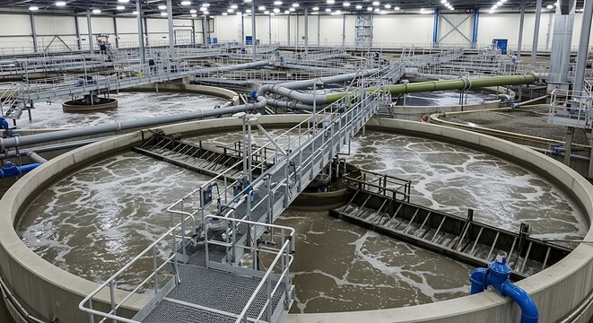 Advanced water treatment plant showcasing circular clarifier tanks and infrastructure