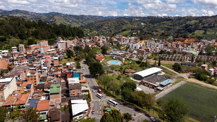 El Peñol, Antioquia, Colombia. August 12, 2025. Panoramic view with a drone. Municipality located...