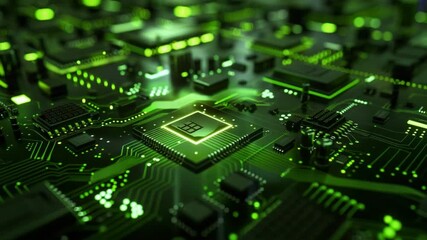 Close-up of a glowing green circuit board.  Complex circuitry and microchips are highlighted with bright, neon-green light.  Dark, almost black background - Powered by Adobe