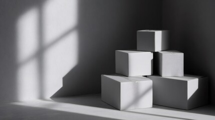 Stack of moving boxes in an empty room with window light casting shadows. New home relocation concept.