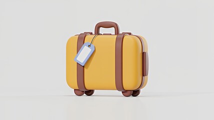 A yellow suitcase with brown trim and a blank luggage tag attached, ready for travel.