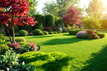 Obraz premium Well-maintained garden with colorful plants and trimmed hedges.