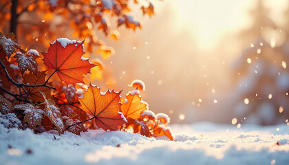 Autumn leaves covered in snow with sunlight in winter scenery