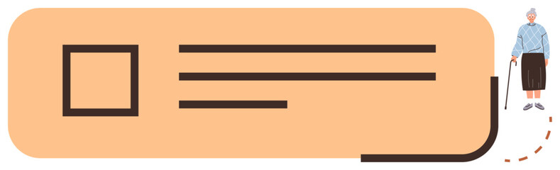 Elderly woman using cane walking near minimalistic text area with decorative square. Ideal for aging, senior care, accessibility, support, health awareness, guidance, simple flat metaphor