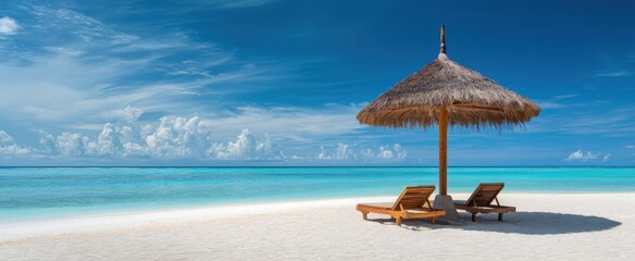 [The thatched umbrella and two lounge chairs on a pristine turquoise tropical beach]