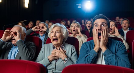 Group of diverse adults and elderly in theater reacting with excitement and surprise