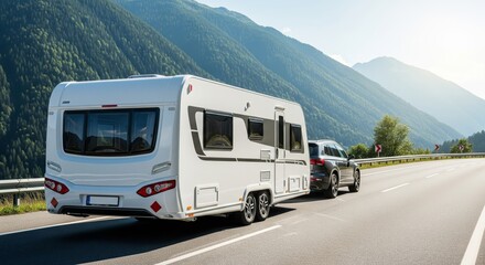 Modern camper trailer on scenic mountain highway
