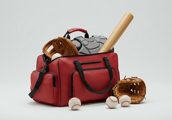 Premium red leather sports duffel bag with baseball equipment bat glove helmet and protective gear lifestyle composition