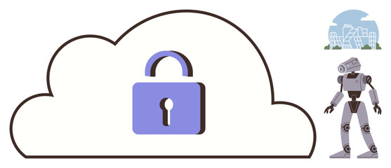 Cloud with padlock indicating digital security alongside a robot and futuristic cityscape. Ideal for cybersecurity, cloud storage, AI, digital privacy, technology advancements, urban future, simple