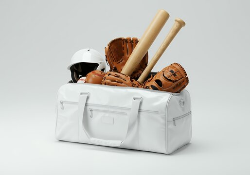 White sports equipment bag overflowing with baseball bats gloves helmet and protective gear on neutral studio background