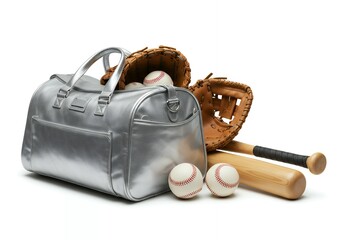 Premium silver gray leather sports duffel bag with baseball equipment including gloves, bats, and balls for athletic training lifestyle