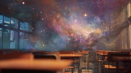 Classroom with a cosmic view, desks in rows, galaxy replaces windows, dreamlike learning environment. Unconventional setting for education.