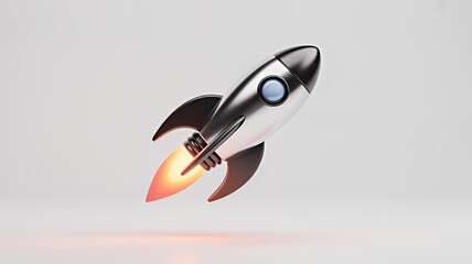 A detailed 3D rendered image of a shiny, metallic rocket ship taking off into space.
