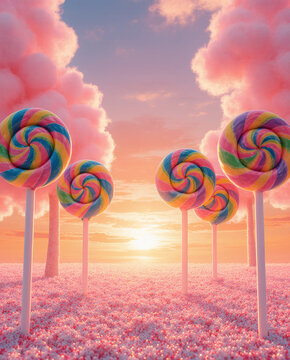 Generative AI Candy Land Dreamscape at Sunset Lollipop Landscape Sky Clouds Pink Sweet Field Fantasy Colorful Spiral Trees Horizon Sugar Dream Imagination Whimsy Childhood - Download Now