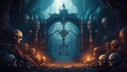 subterranean cavern with skulls bones and metal gate
