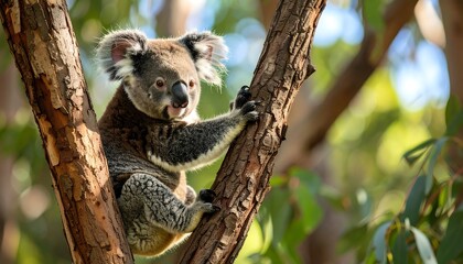 Obraz premium Koala climbing a tree in a eucalyptus forest during daylight