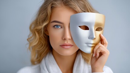 Woman holding a dual-tone mask beside her face, symbolizing hidden identity, inner truth and the emotional layers behind appearances