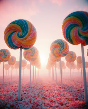 Generative AI Lollipop Candy Land Dreamscape Field Spiral Colorful Pink Sky Sweet Sugar Treat Landscape Rows Sunset Dawn Food Confectionery Fantasy Dream Whimsy Childhood - Download Now