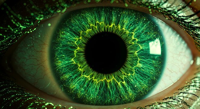 Professional macro photography of emerald green human iris with golden sunburst pattern around pupil and visible blood vessels on white sclera