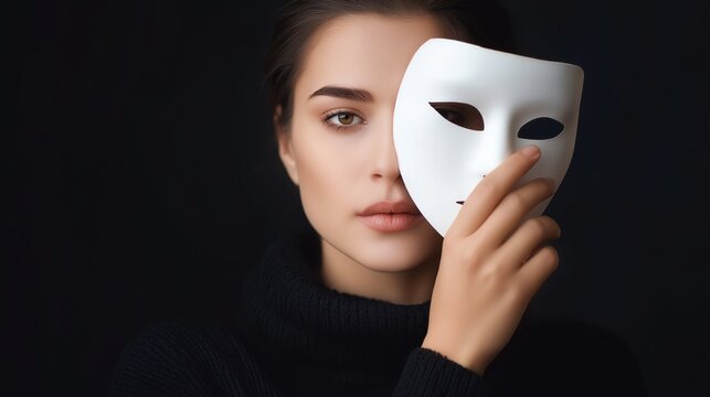 Woman removing white mask revealing emotionless expression, symbolizing concealed identity, inner truth and the complexity of self-perception and vulnerability