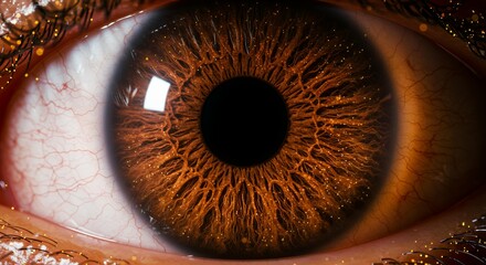 Professional macro shot of warm brown human iris with golden highlights and intricate radial texture patterns surrounding dark pupil center