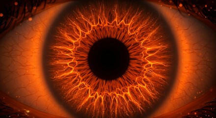 Dramatic macro photograph of fiery orange amber human eye with intense golden lightning patterns radiating from dark pupil in warm tones