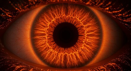 Extreme macro close-up of vibrant amber brown human iris with intricate radial pattern and detailed pupil for ophthalmology medical vision concepts