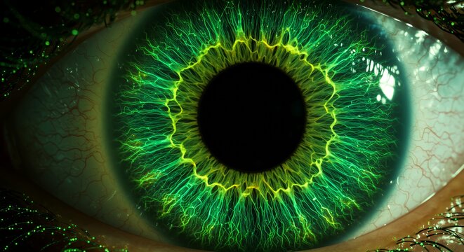 Extreme detail macro photograph of brilliant green human eye with neon yellow lightning patterns and intricate iris fiber structure close-up