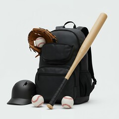 Black sports backpack with baseball equipment including wooden bat, glove, helmet and balls on light background for athletic gear
