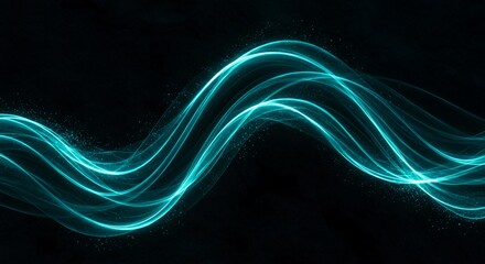 Bright cyan glowing waves with sparkling particles on black background for futuristic technology and innovation designs