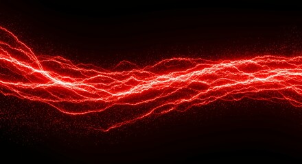 Red energy lightning waves flowing horizontally across black space background with glowing particles and electric power effect