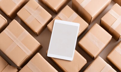 A white digital tablet with a blank screen lies on a collection of taped kraft boxes. Moving concept with online organization.