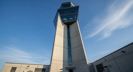Architectural shot of control tower under blue sky with light cloud coverage