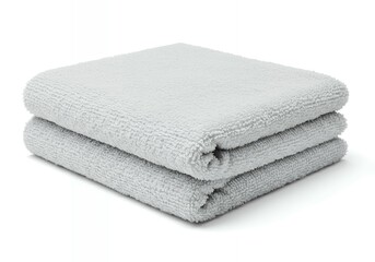 Three light gray microfiber towels stacked and folded showing layered texture isolated on white for bathroom linen and hotel hospitality product photography