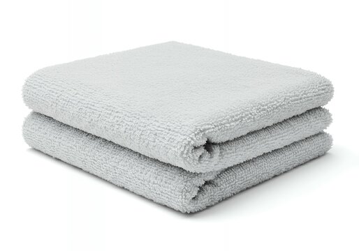 Three light gray microfiber towels stacked and folded showing layered texture isolated on white for bathroom linen and hotel hospitality product photography