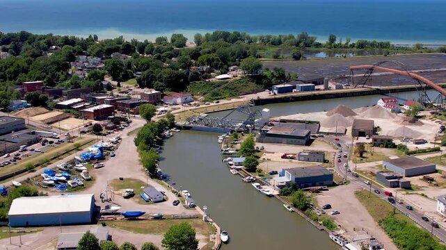 Aerial view of Ashtabula cityscape and Lift Bridge across Ashtabula river in Ohio.