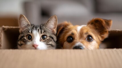 Fototapeta na wymiar Adorable cat and dog peeking out of a cardboard moving box, symbolizing pet relocation to a new house. Happy animal concept.