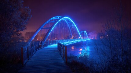 Illuminated pedestrian bridge at night, glowing with bright blue lights, reflections shimmering in the dark river below