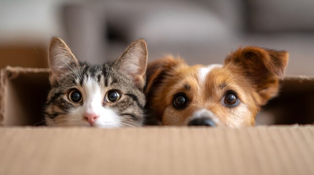 Adorable cat and dog peeking out of a cardboard moving box, symbolizing pet relocation to a new house. Happy animal concept.