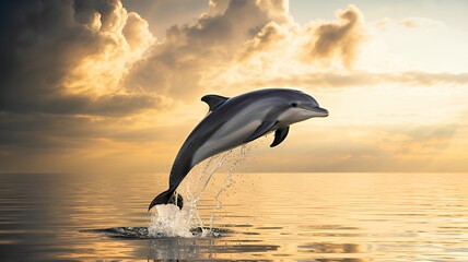 Obraz premium A dolphin leaps gracefully out of the water at sunset.