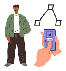 Man stands casually while hands operate a phone screen unlocking feature. Diagram suggests a system or connection concept. Ideal for technology, security, data access, networking, unlocking
