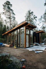 Obraz premium Modern cabin under construction in a serene forest location with large glass windows and wooden accents during autumn evening light
