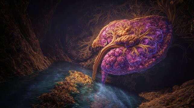 Surreal Bioluminescent Structure: A vibrant, textured, organic-looking form amidst cave-like scenery with an underground stream running through.