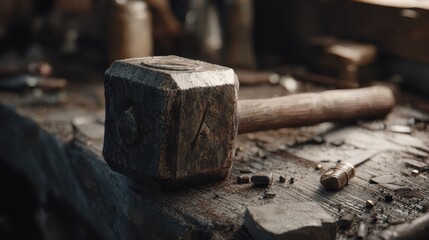 Blacksmith's Hammer: A well-worn hammer on a wooden workbench, suggesting craftsmanship and the art of metalworking.