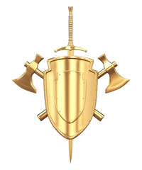 Golden shield with sword and crossed battle axe 3d render