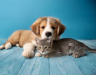 charming puppy and kitten duo rest on wooden floor creating a heartwarming scene of companionship against a serene blue backdrop