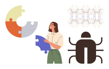 Woman holding jigsaw piece suggesting problem-solving, near abstract bug symbol and circuit board pattern. Ideal for collaboration, cybersecurity, innovation, teamwork, challenges, solutions