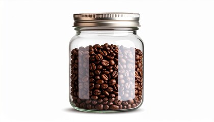 Close-up of fresh roasted coffee beans in glass jar, isolated on white background, premium cafe product concept